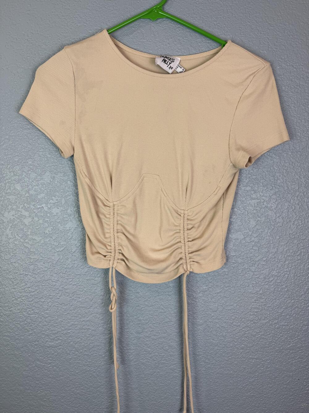 Princess Polly Shirt Womens US 6 Beige Ribbed Ruched Drawstring Crop Top Corset